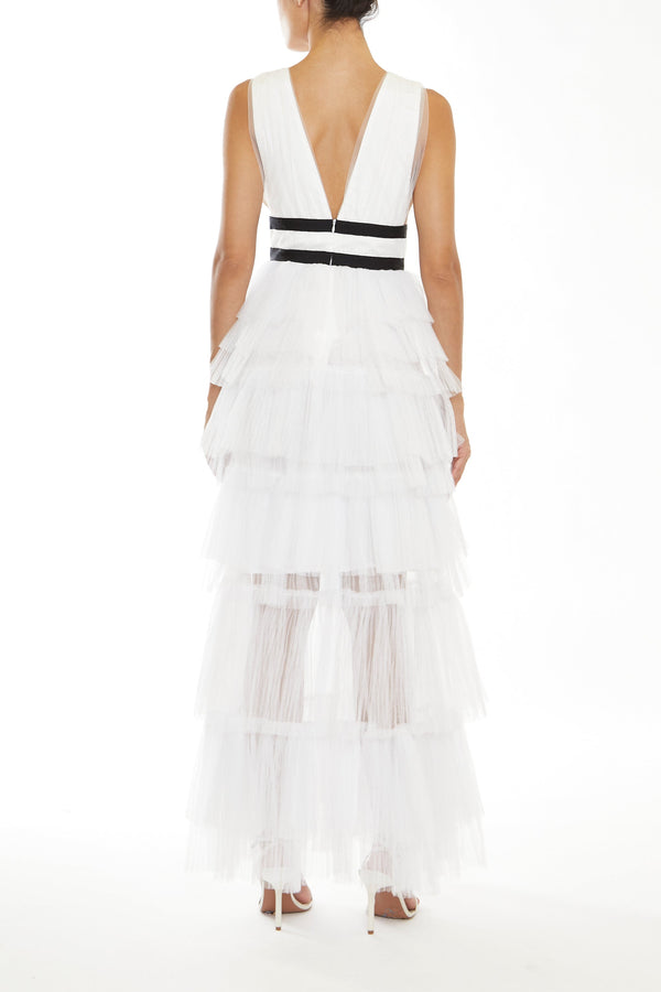 Eliza White Plunging Neck Layered Tulle Skirt Maxi-Dress