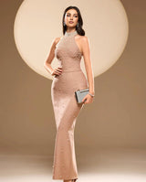 irene Halter Pearl Embellished Maxi Dress in Nude