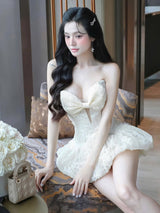 emma Bowknot hollow tube top mini dress in beige