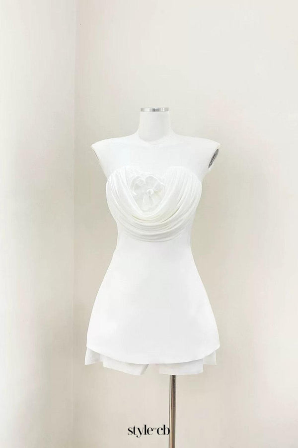 verna flower embellished strapless mini dress in white