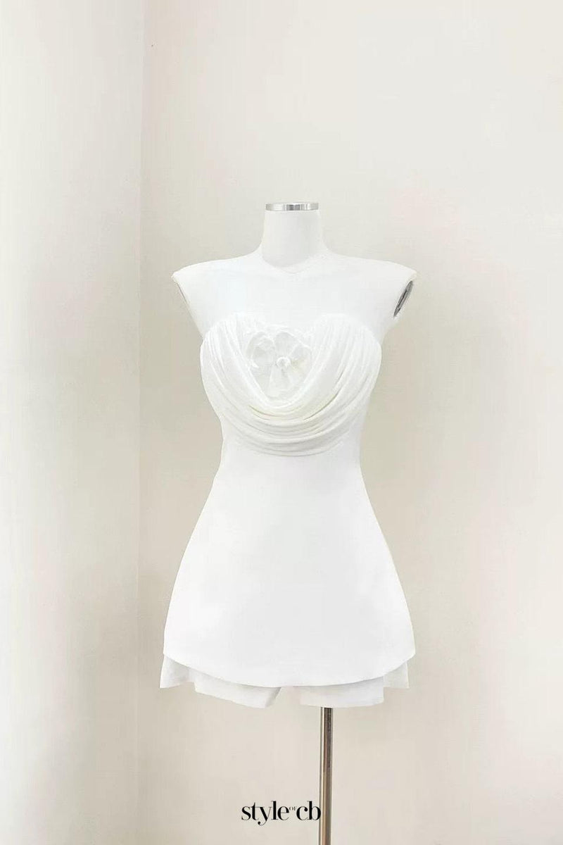 verna flower embellished strapless mini dress in white