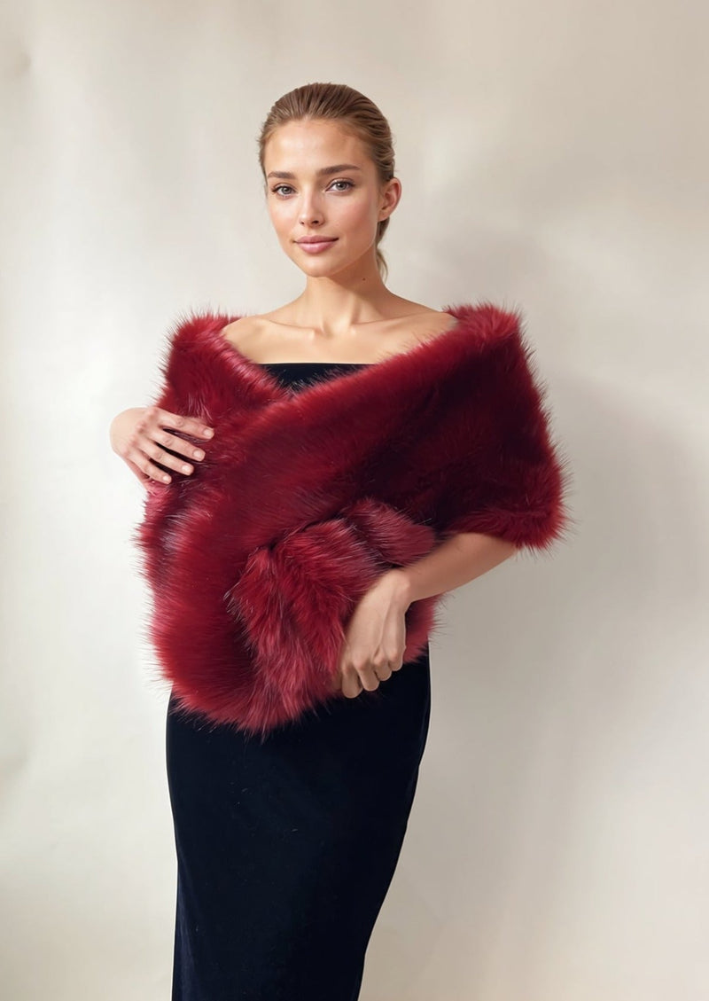 hulda Fur Shawl in wine red