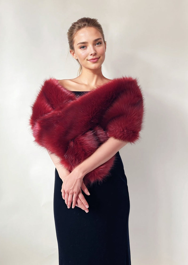 hulda Fur Shawl in wine red