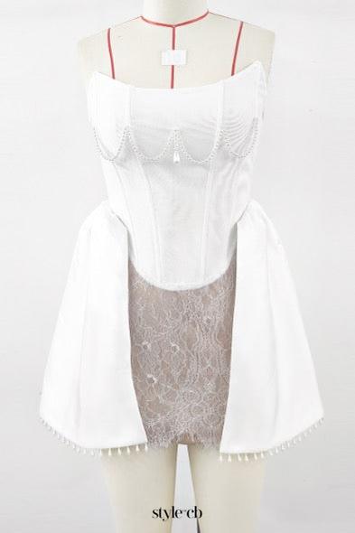 vicky pearl lace embellished bandage mini dress in white