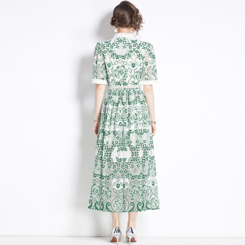 V NECK SPLICED BELTS EMBROIDERY MIDI DRESS IN GREEN