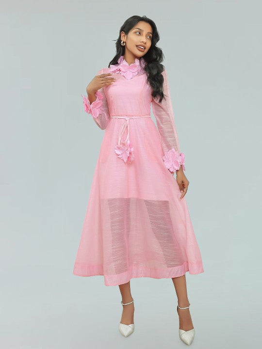 vicky flower embellished lace midi dress in pink