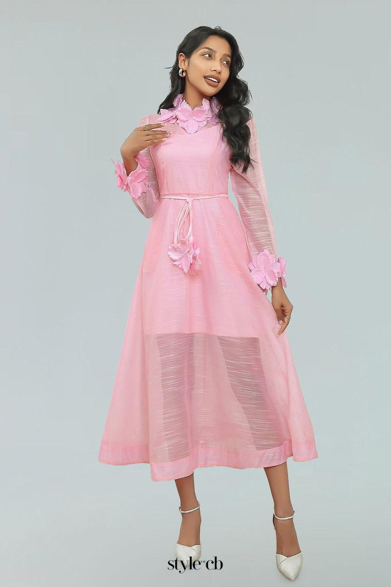 vicky flower embellished lace midi dress in pink