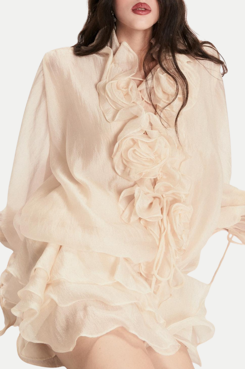 Jaketta Flower Ruffle Mini Dress In Beige
