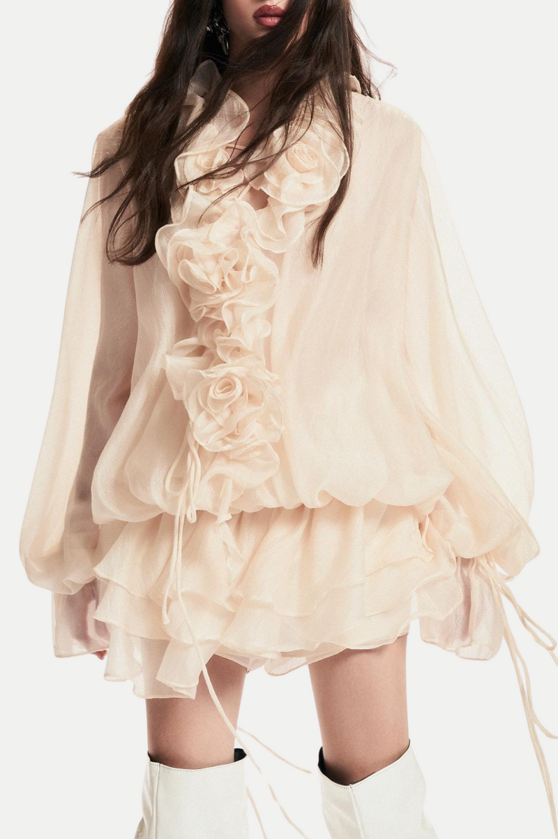Jaketta Flower Ruffle Mini Dress In Beige