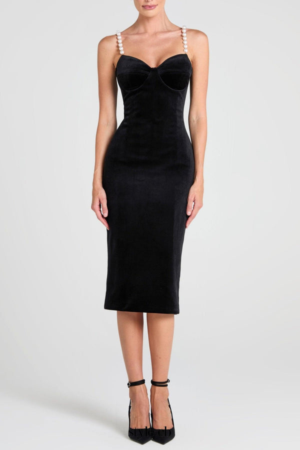 Velvet Pearl Embellished Midi Dress