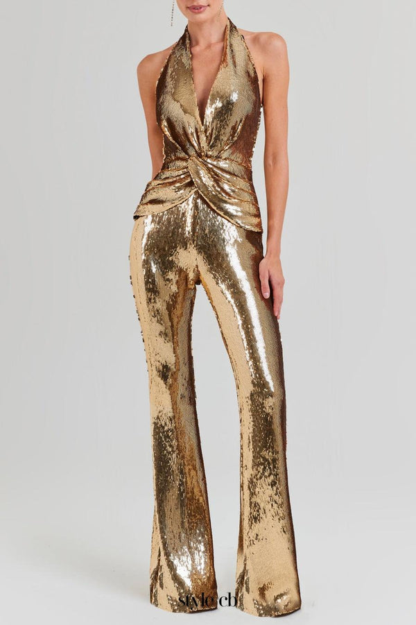 nora gold Sequin halterneck deep V high waist flared jumpsuit