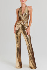 nora gold Sequin halterneck deep V high waist flared jumpsuit