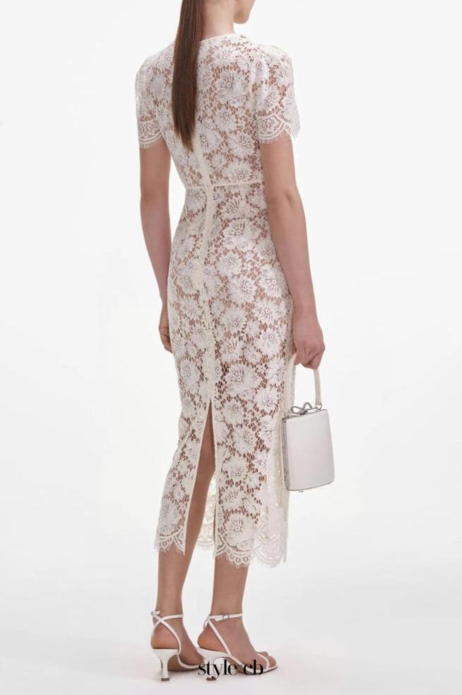 Crystal Bow Detailed V Neck Lace Midi Design Dress