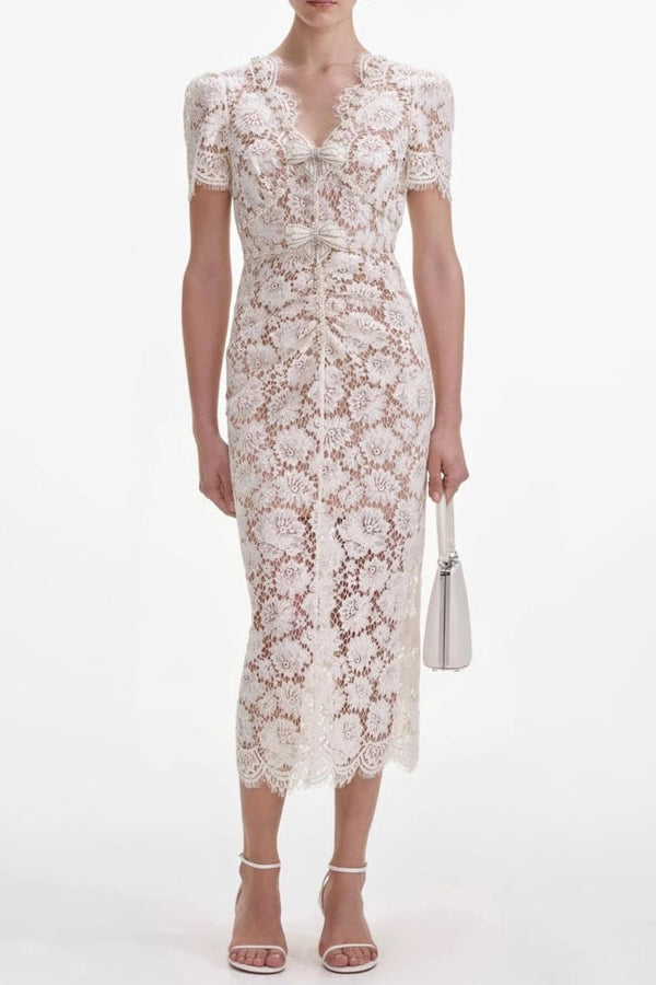 Crystal Bow Detailed V Neck Lace Midi Design Dress