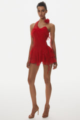 Kyrie Halter Floral Ruffle Mini Dress - Red