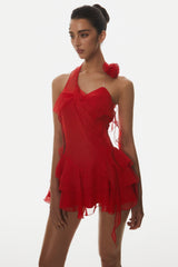 Kyrie Halter Floral Ruffle Mini Dress - Red
