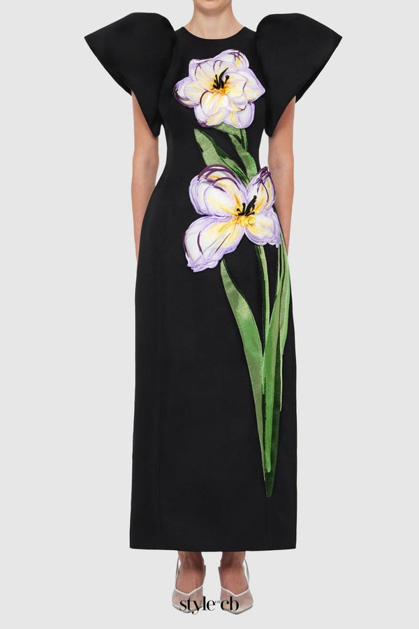 Lucinda Appliqué Floral Maxi Dress in black