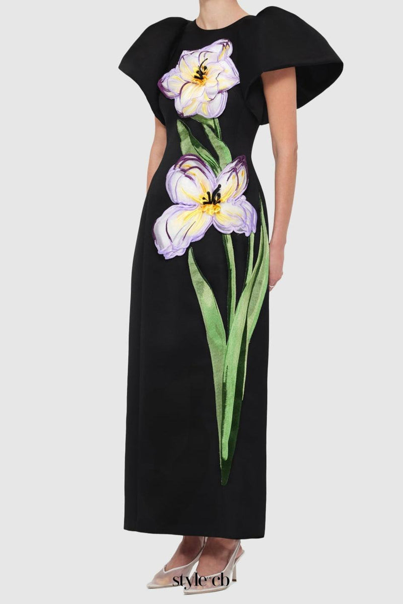 Lucinda Appliqué Floral Maxi Dress in black