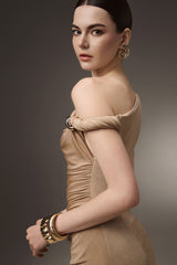 Deline Sheath Gathered Spandex Ankle Length Dress