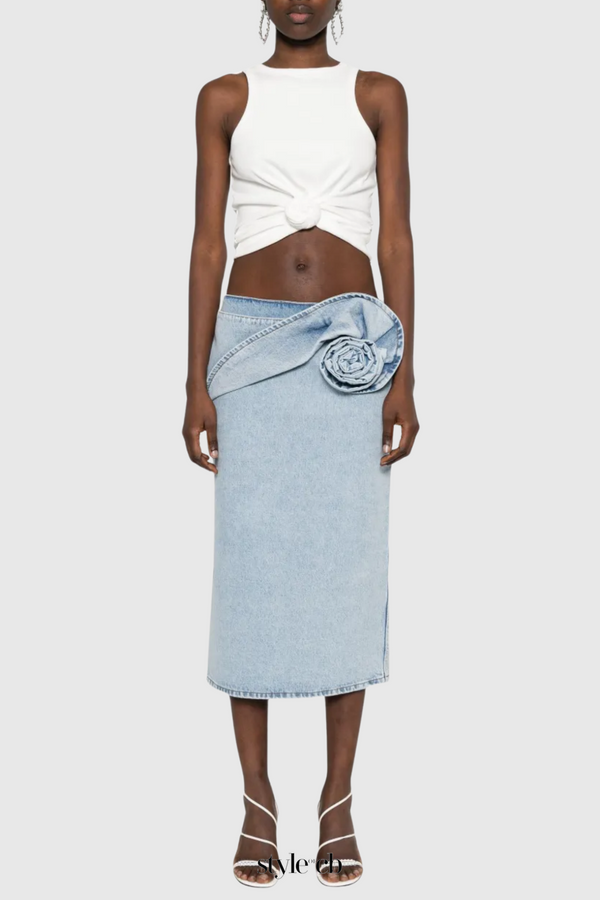 xaviera Floral Appliqué Denim Midi Skirt