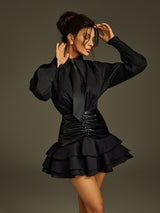 mandy Collar Ruched Ruffle Mini Dress in black