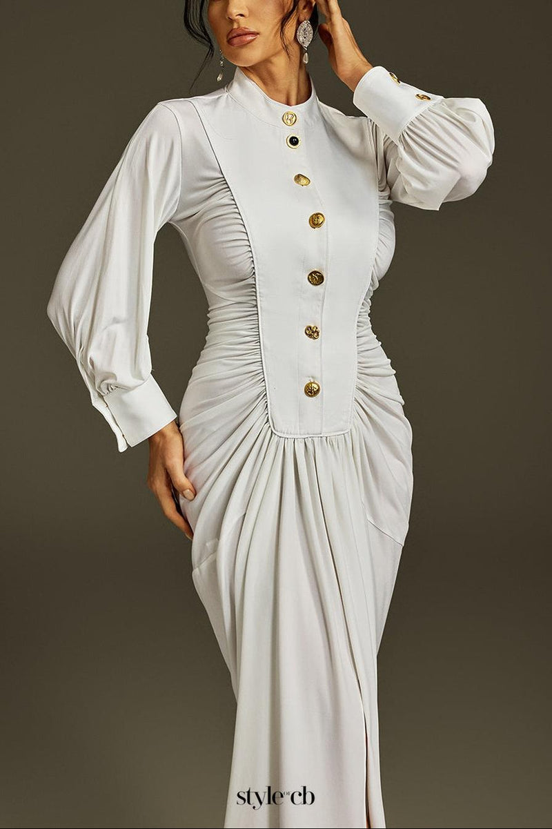 leona Long Sleeve Ruched Midi Dress in white