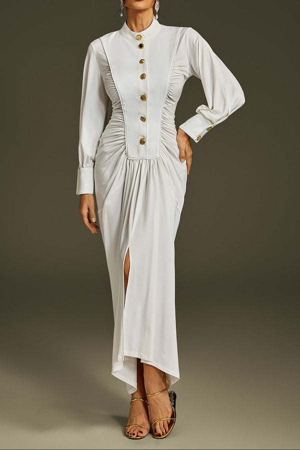 leona Long Sleeve Ruched Midi Dress in white