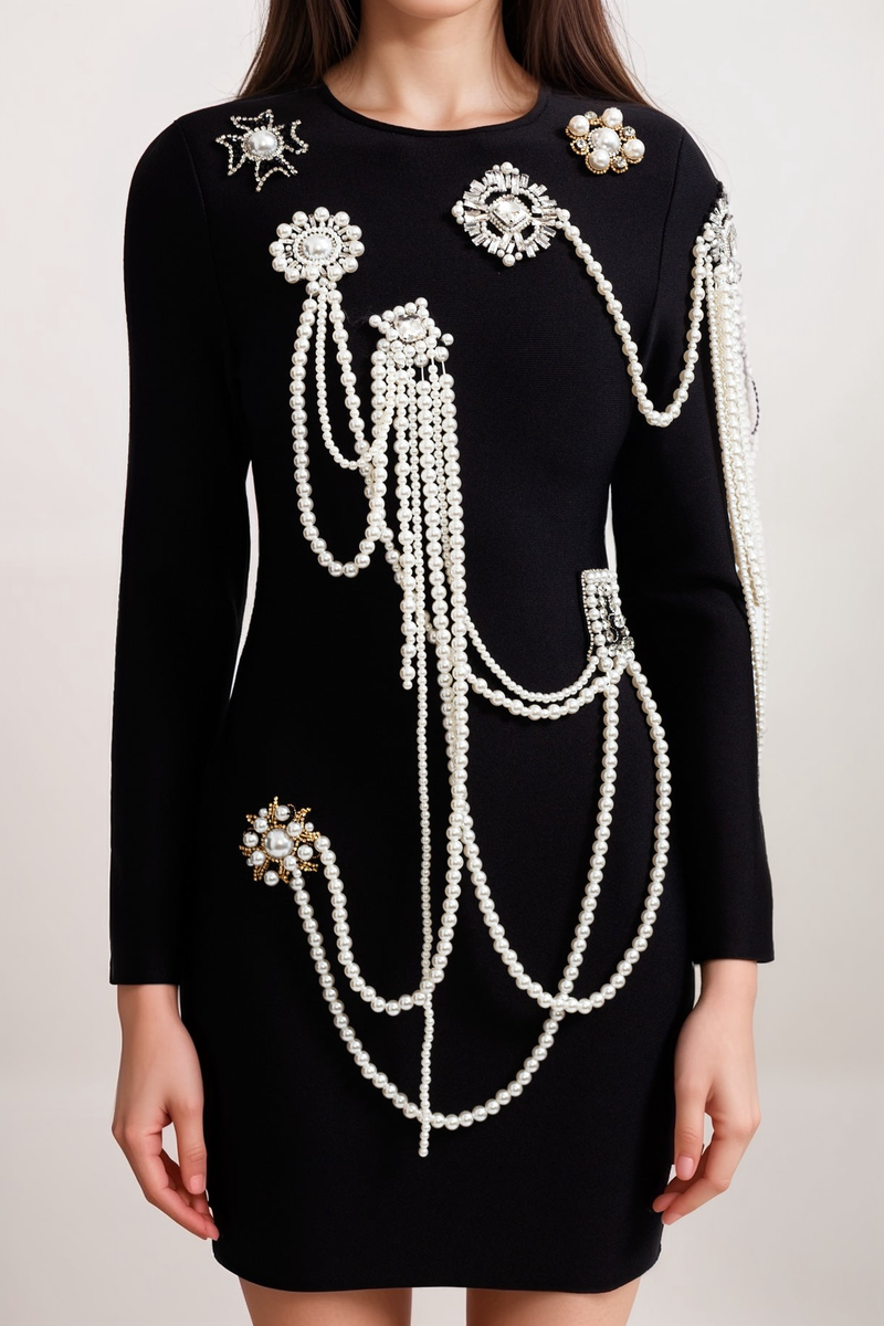 Long Sleeve Diamond Pearls Dress - Black