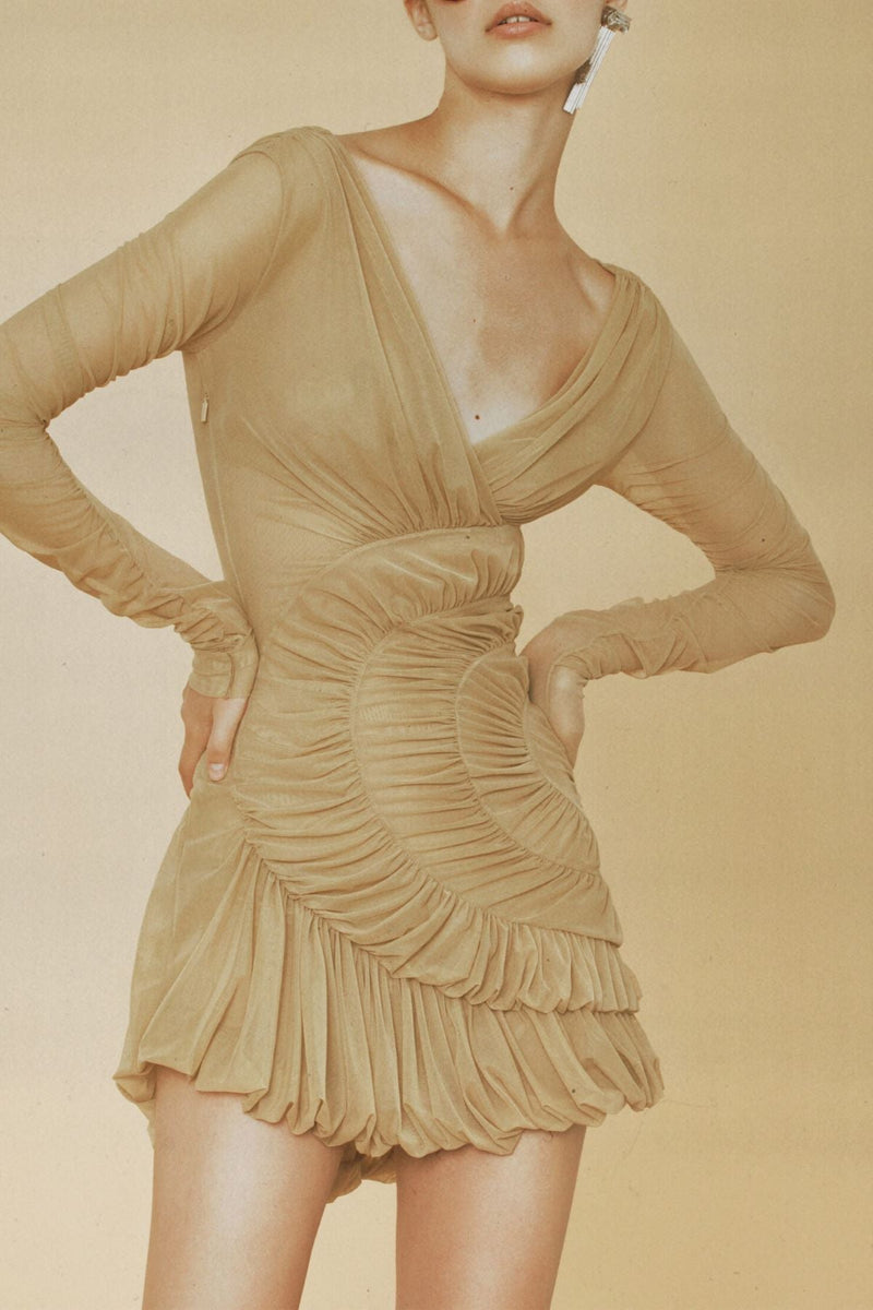 Lyre Mesh Shirred Mini Dress