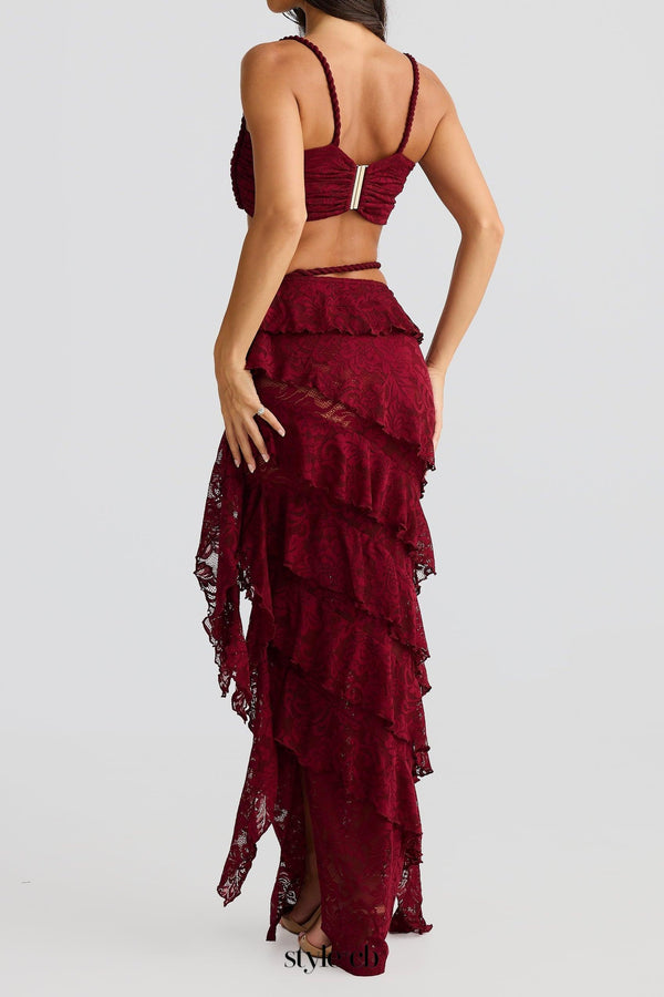crafted rope crop top  lace skirt set in burgundy
