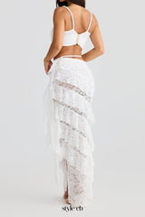 crafted rope crop top  lace skirt set in white
