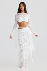 crafted rope crop top  lace skirt set in white