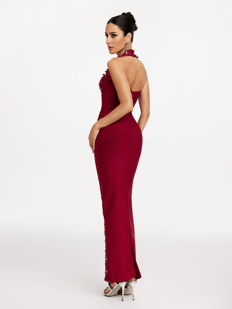elvira Halterneck Pearl Bandage midi Dress in red