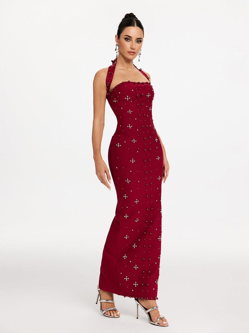 elvira Halterneck Pearl Bandage midi Dress in red