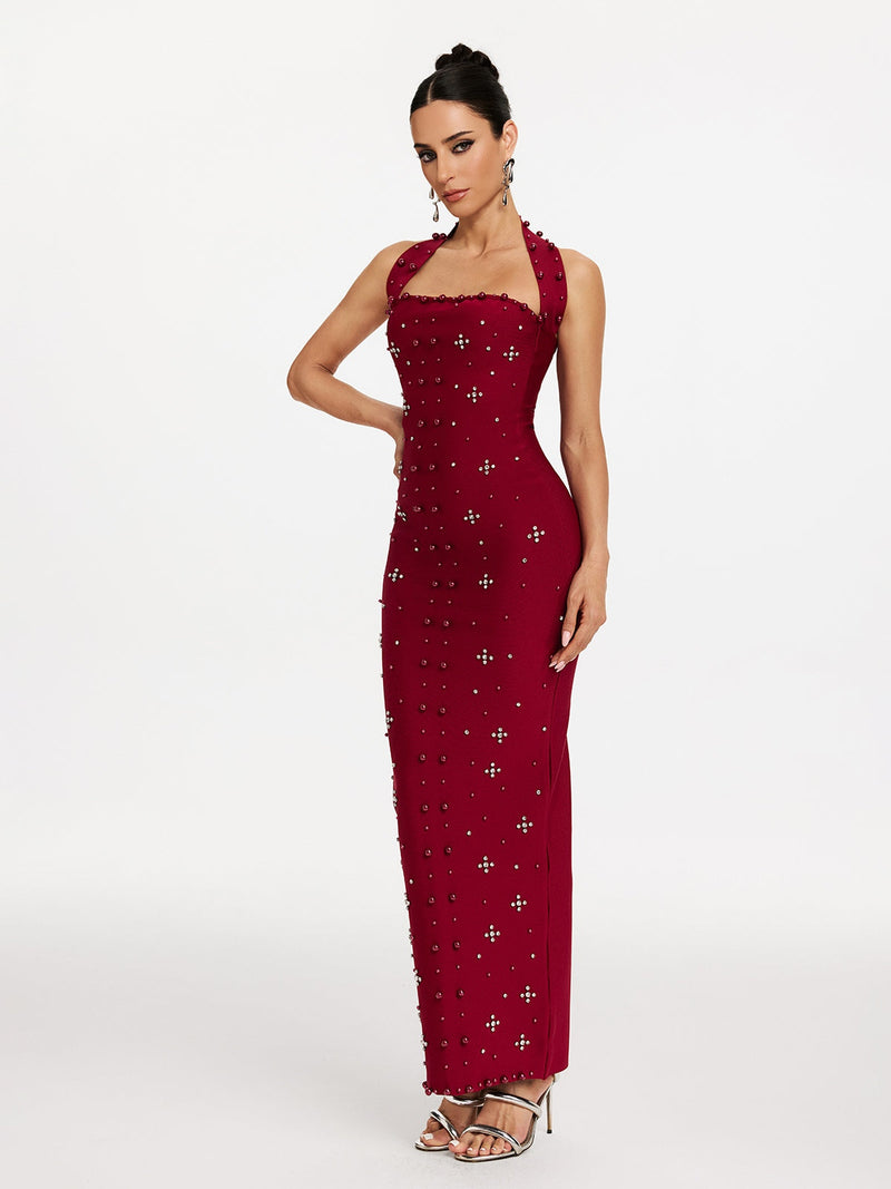 elvira Halterneck Pearl Bandage midi Dress in red