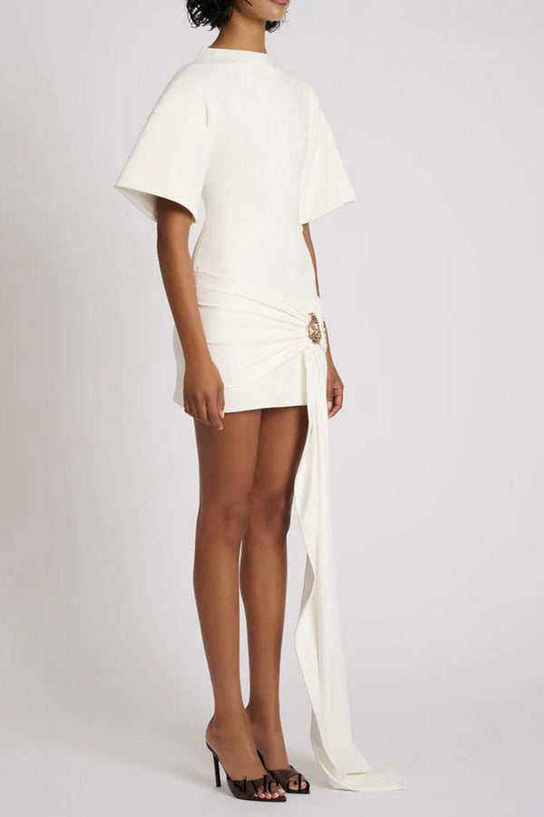 Draped Embellished Mini Dress - White