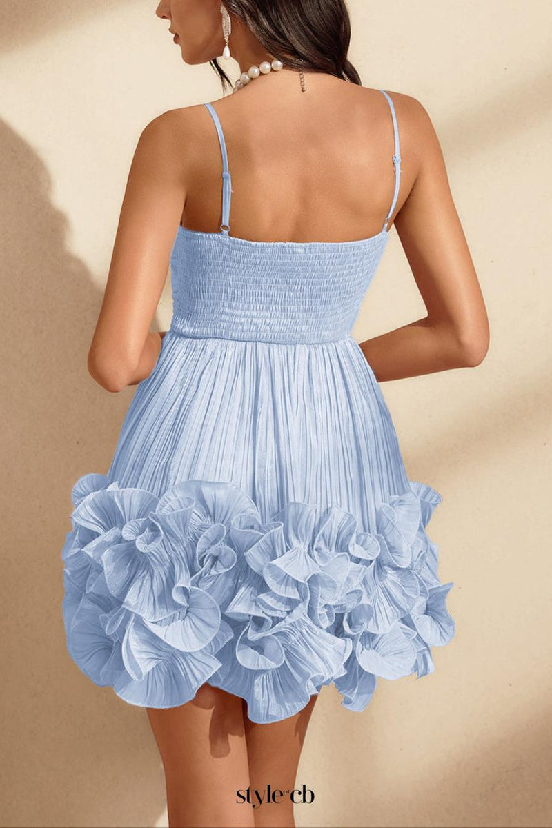 diana Spaghetti Flower Ruffle Mini Dress In Blue
