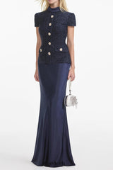 Navy Metallic Boucle Maxi Dress