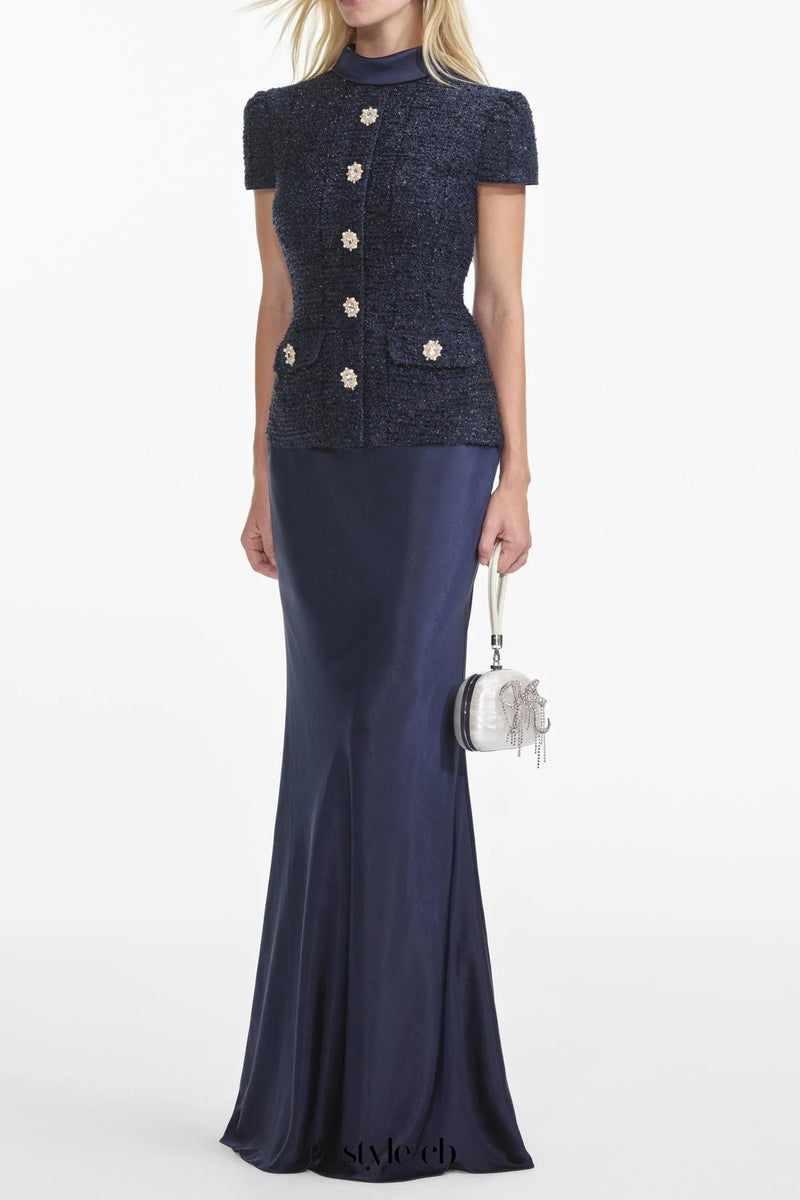 Navy Metallic Boucle Maxi Dress