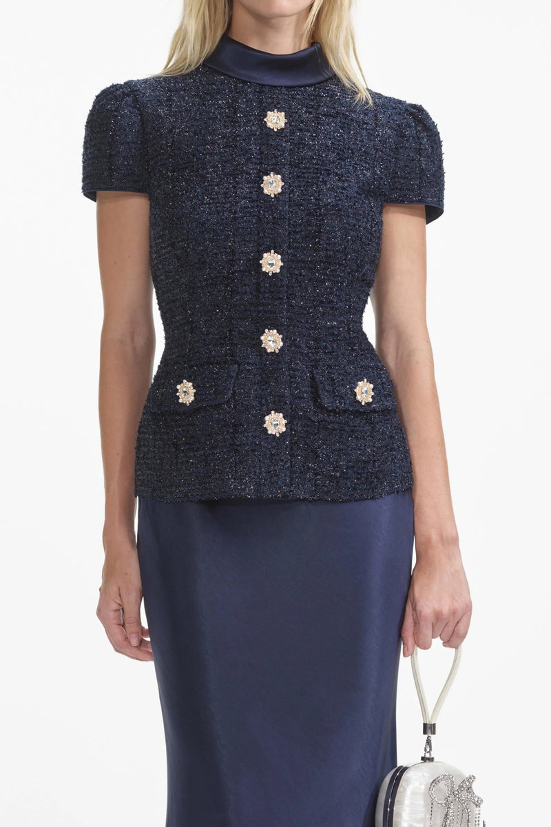 Navy Metallic Boucle Maxi Dress