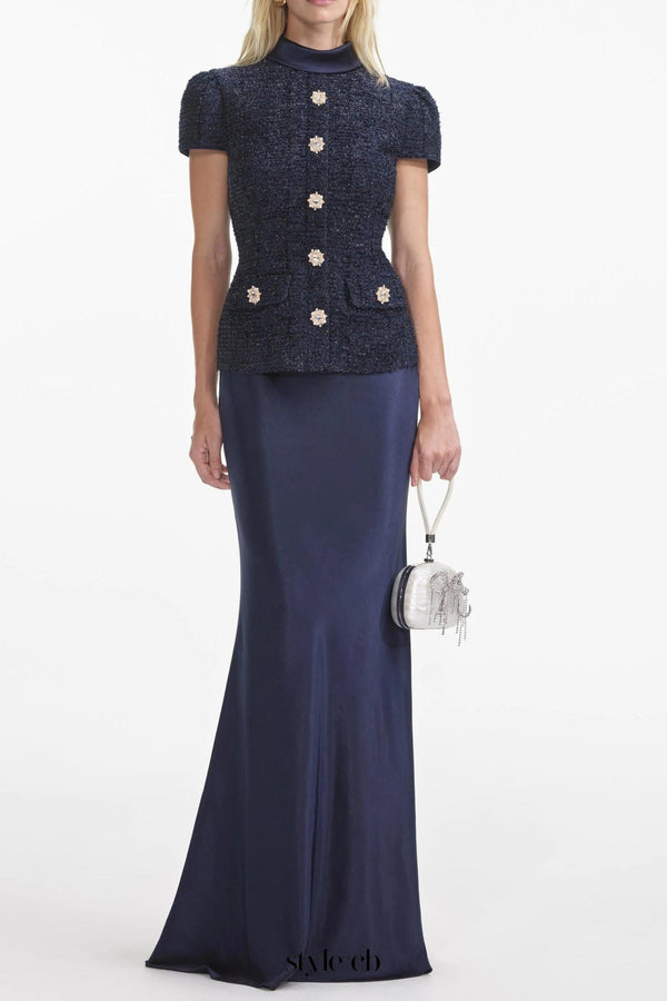 Navy Metallic Boucle Maxi Dress