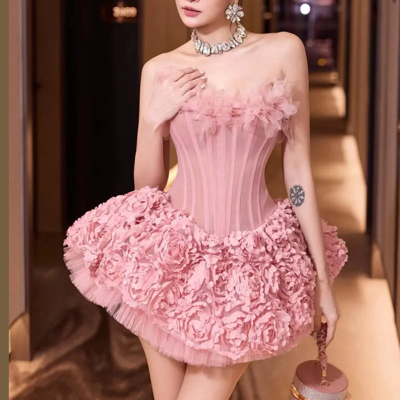 alberta 3d Flower Strapless Mini Dress in pink