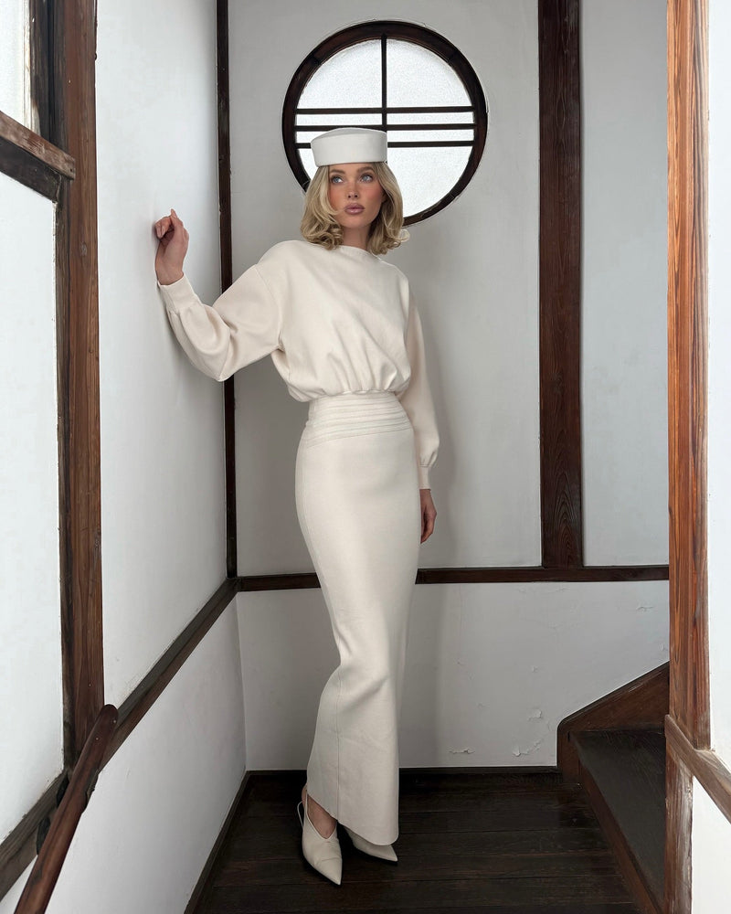 edith High elastic long hip maxi dress in white