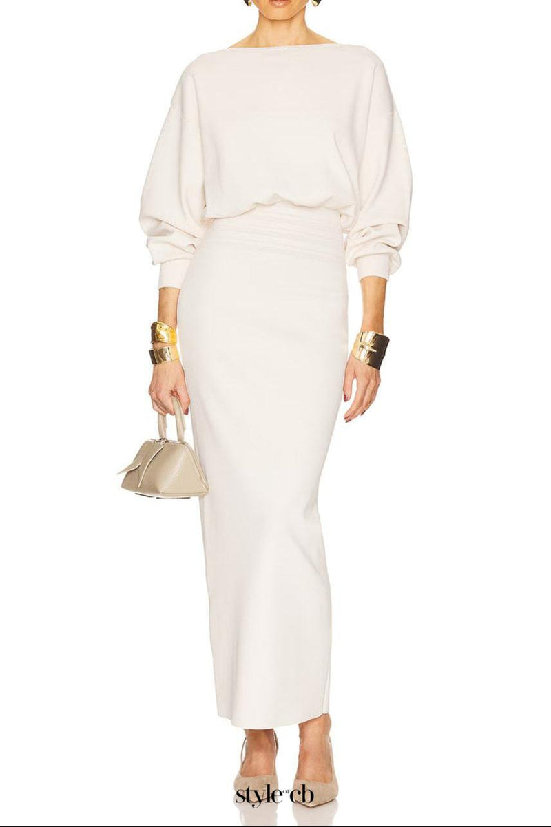 edith High elastic long hip maxi dress in white