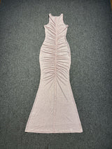 Hollow Mesh Rhinestone Sleeveless maxi Dress in pink