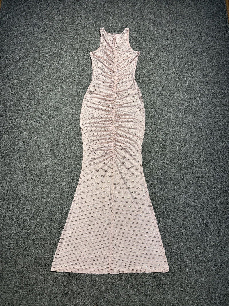 Hollow Mesh Rhinestone Sleeveless maxi Dress in pink