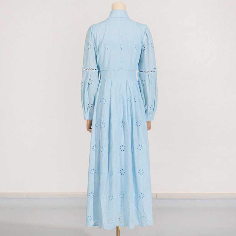 retro single-breasted hollow lace midi dress in blue