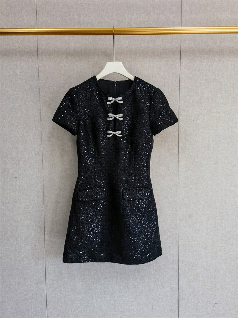 janice Black Sequin Tweed Bow Mini Dress