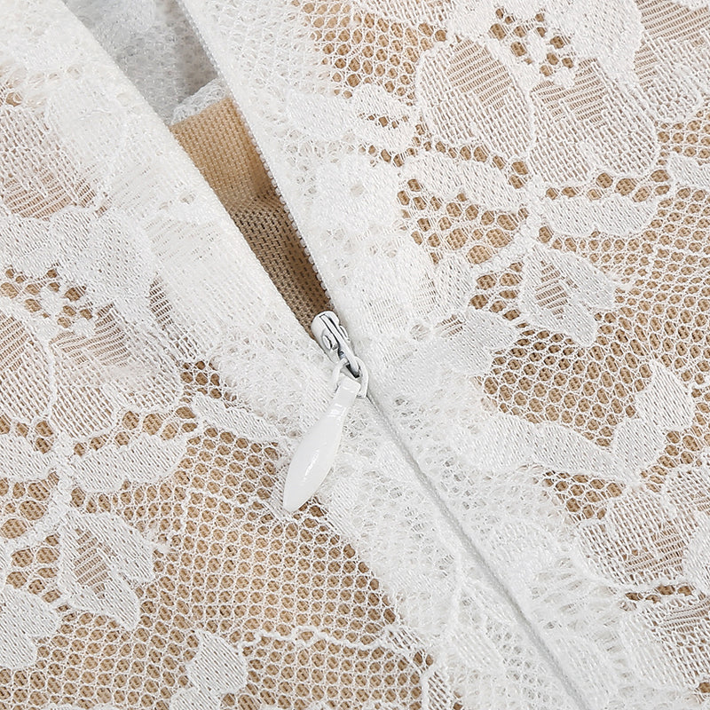 Lace jacquard fishbone bodycon mini dress in white