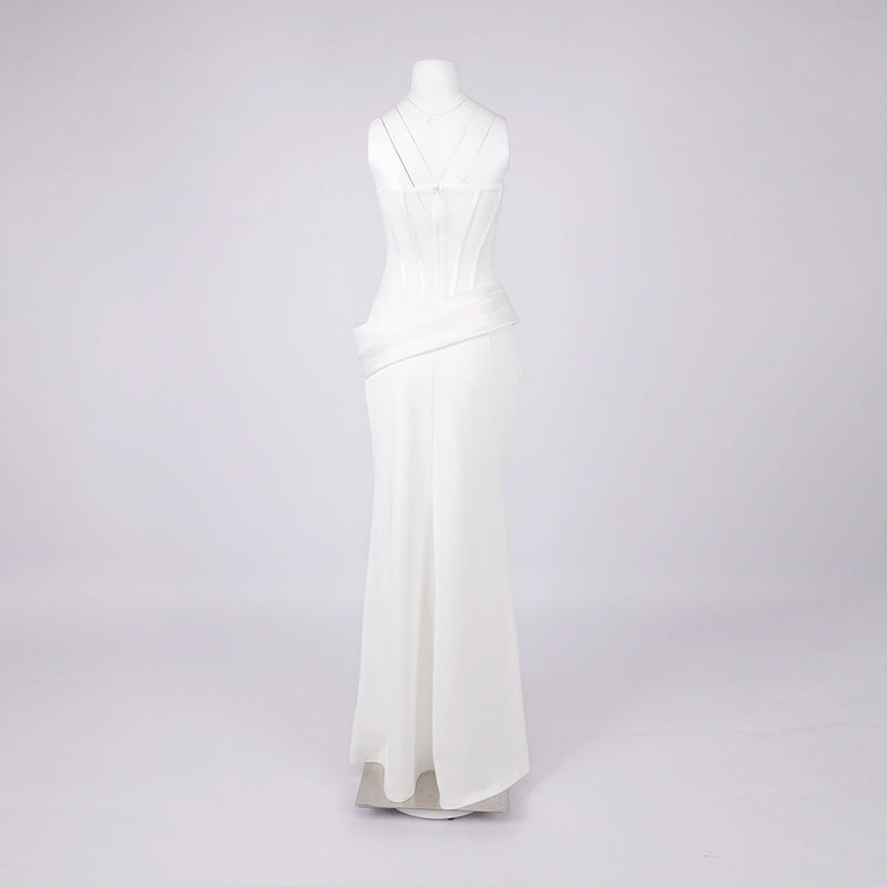 priscilla Strapless Veiled Corset Maxi Dress in white